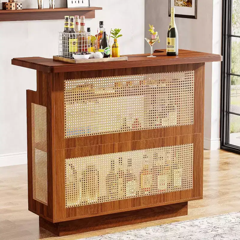 Farmhouse Rattan Home Bar Unit | 4-Tier, 4 Stemware Racks, Holds 24 Bottles