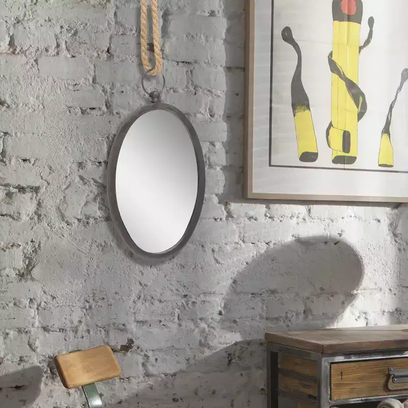 Large Oval Metal Wall Mirror with Rope Hanging Loop, Farmhouse Style, No Assembly Required