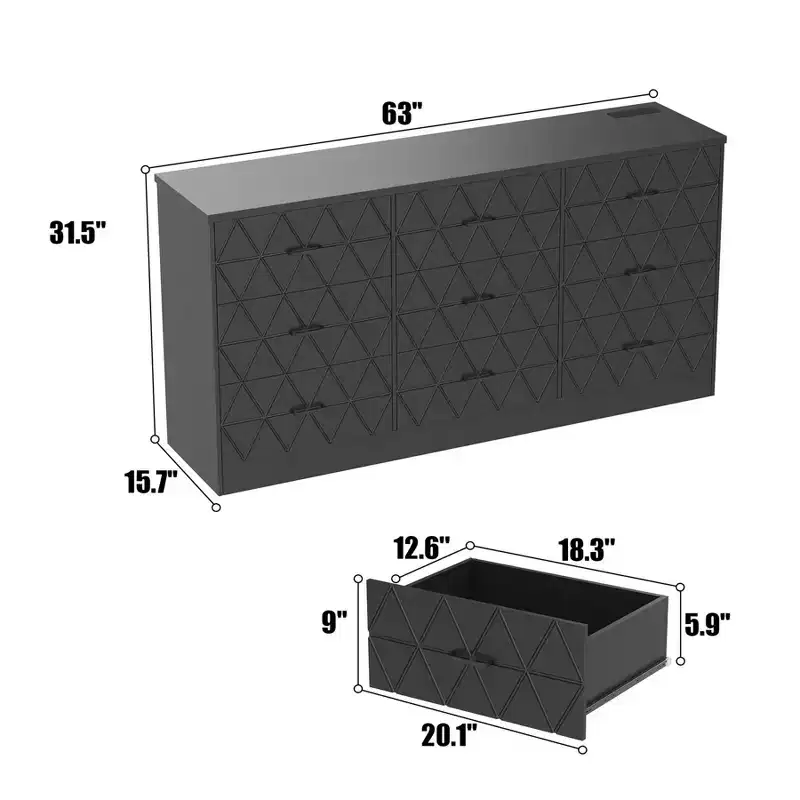 Zstar Modern Accent 9 Drawer Triple Dresser, Wood Storage Cabinet for Bedroom with Power Outlets