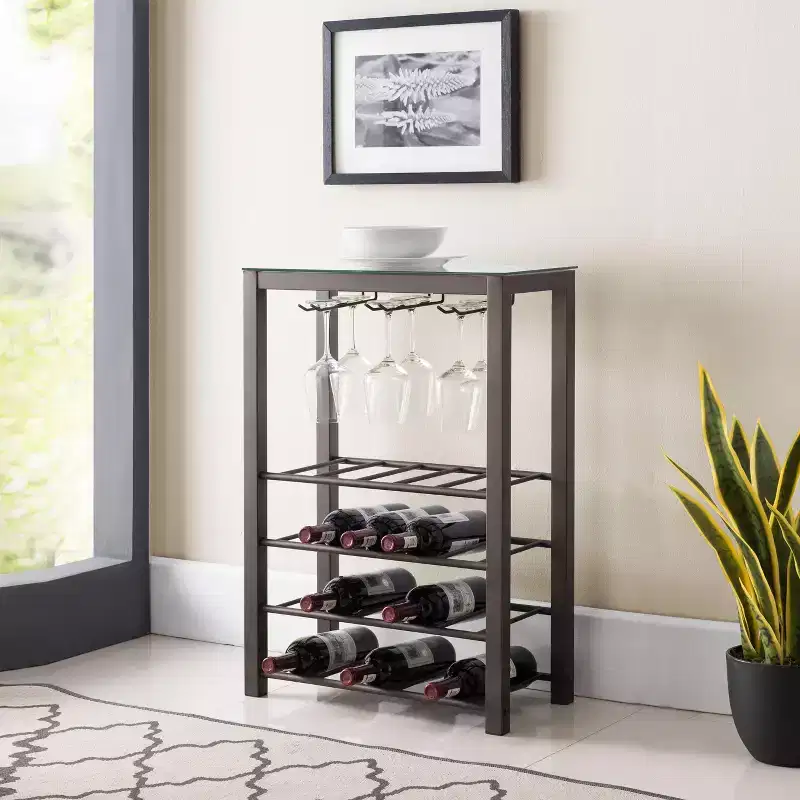 Freestanding Floor Wine Rack Storage Table, Holds 20 Bottles with Glasses Holder, Pewter