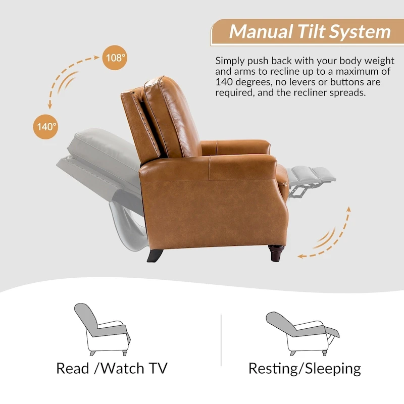 Cigar Mid-century Modern Genuine Leather Recliner with Nailhead Trim by HULALA HOME