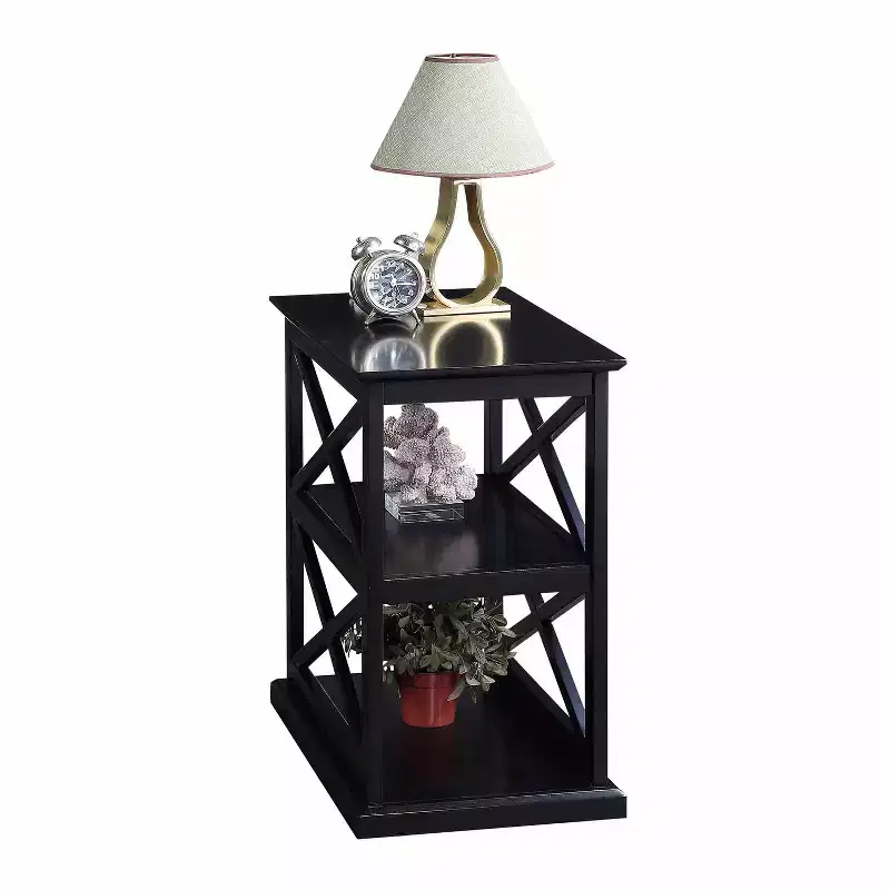 Chairside End Table with Shelves, Double X Frame, Three-Tier Storage, Black