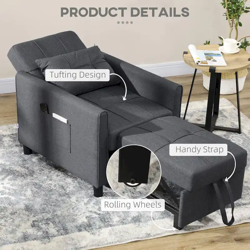 HOMCOM 3-in-1 Convertible Chair Bed, Multi-Functional Single Sofa Bed, Pull Out Sleeper Chair with Adjustable Backrest, Pillow