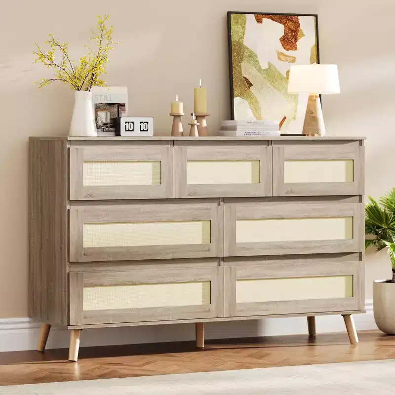 Rattan 7 Drawer Dresser for Bedroom, Wooden Dressers & Chests of Drawers, Modern Farmhouse Storage Organizer for Closet, Living Room