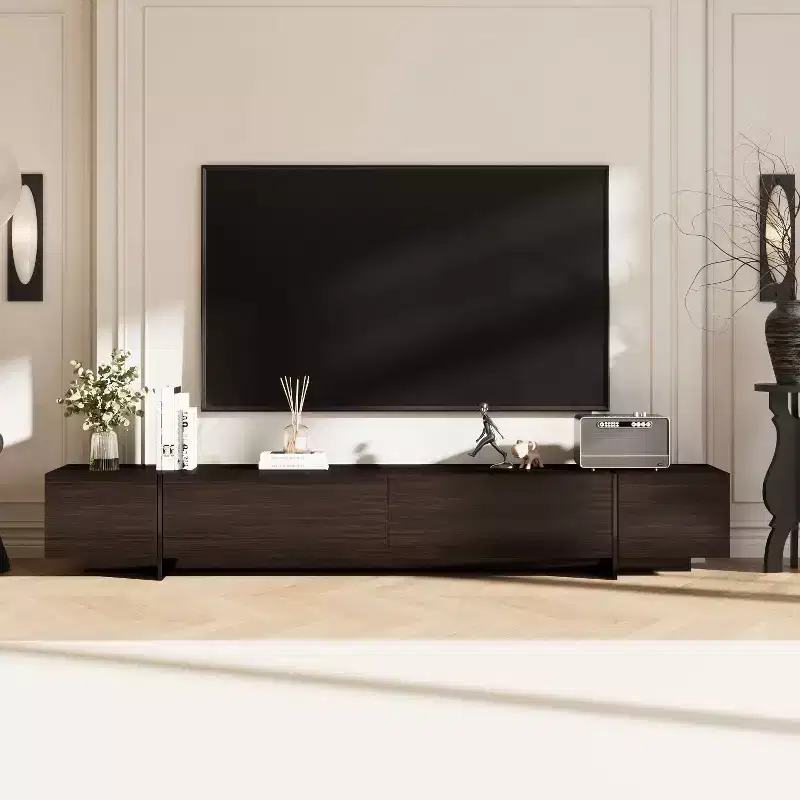 Famapy Brown Long TV Cabinet Woodgrain Finish 4 Drawers Storage