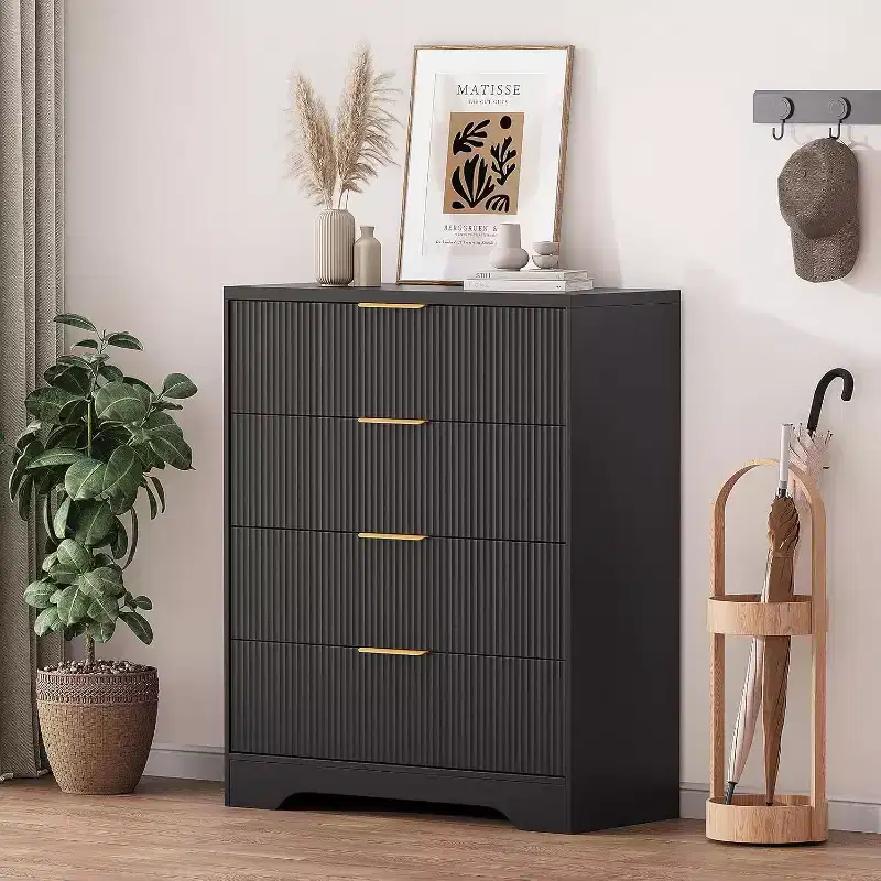 Fluted Dresser with 4 Drawers, 38.6 Inch Tall Chest of Drawers with Gold Metal Handles for Bedroom, Living Room and Hallway