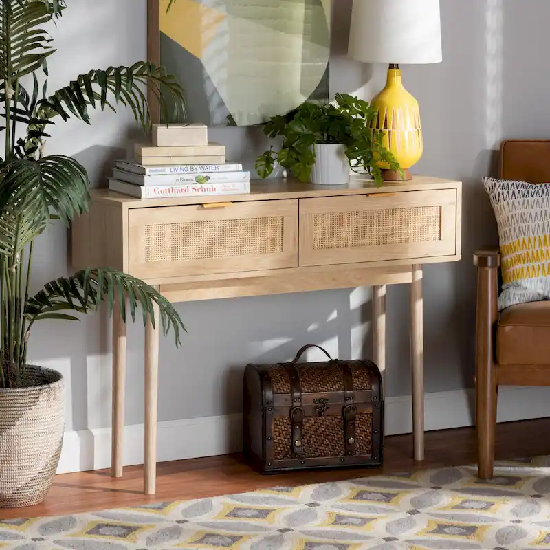 Light Oak Brown Wood and Rattan 2-Drawer Console Table