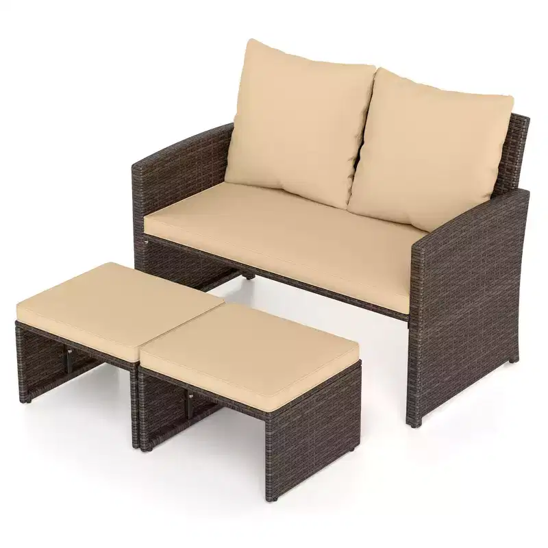 Costway Outdoor Loveseat with Ottomans, 3 Pieces Patio PE Wicker Furniture Set with Cushions