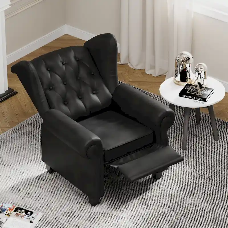 Modern Tufted Push Back Armchair Technical Leather Wingback Chair, Adjustable Single Sofa Chair with Sturdy Wood Legs