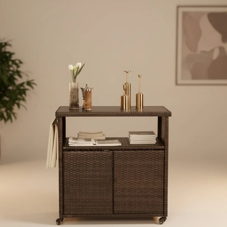 Outdoor Wicker Bar Serving Cart with Glass Tabletop for Patio, Black and Brown