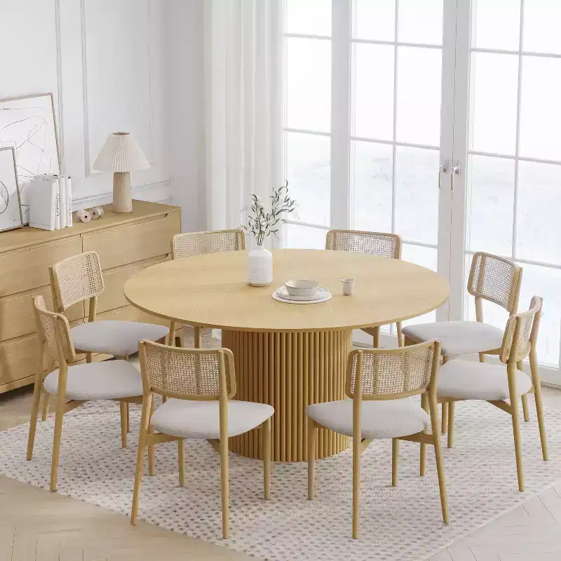 Yellow Round Solid Wood Dining Table for 6-8