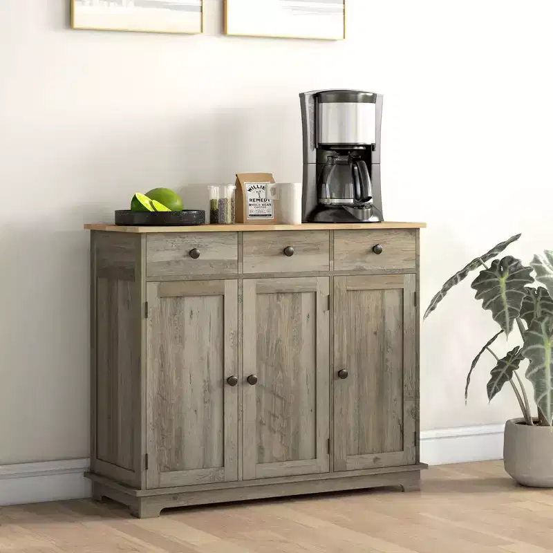 Okak Sideboard Cabinet with Solid Wood Countertop, Storage Cabinet with Adjustable Shelf, Bar Cabinet for Entryway, Living Room, Kitchen, Gray