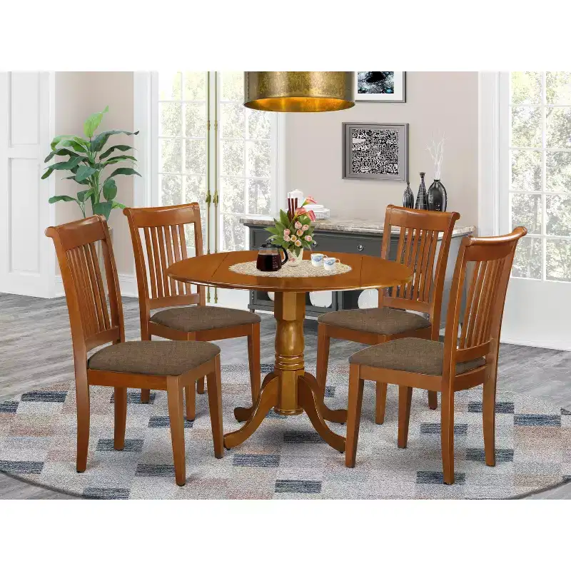 Round Drop-Leaf Dining Table Set, Saddle Brown, Seats 4, 5-Piece