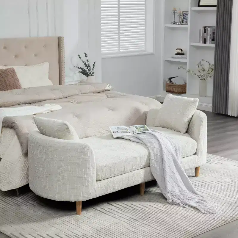 Upholstered Bench Padded Bed End Bench Chenille Chaise Lounge Couch Minimalist Entryway Bench Footstool with Soft Cushion & Pillow - ModernLuxe