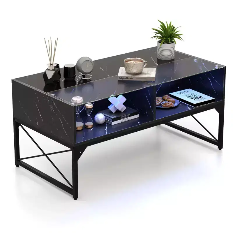 LED Coffee Table with 4 Storage Cubes, Faux Marble & Tempered Glass Top for Living Room, Black