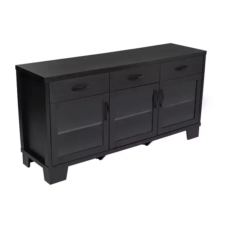 Merrick Lane Three-Drawer Engineered Wood Buffet Sideboard Cabinet with Three Tempered Glass Cabinet Doors for Dining Room/Kitchen