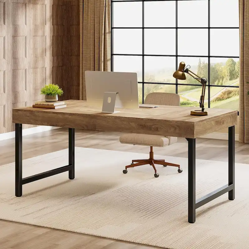 55 Inches Industrial Executive Desk, Rustic Simple Computer Laptop Desk with Strong Metal Legs