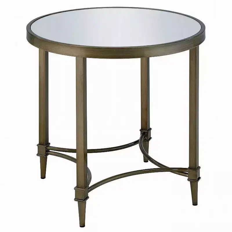 24 Inch Wide Antique Brass and Mirrored Glass Round End Table with Lower Shelf