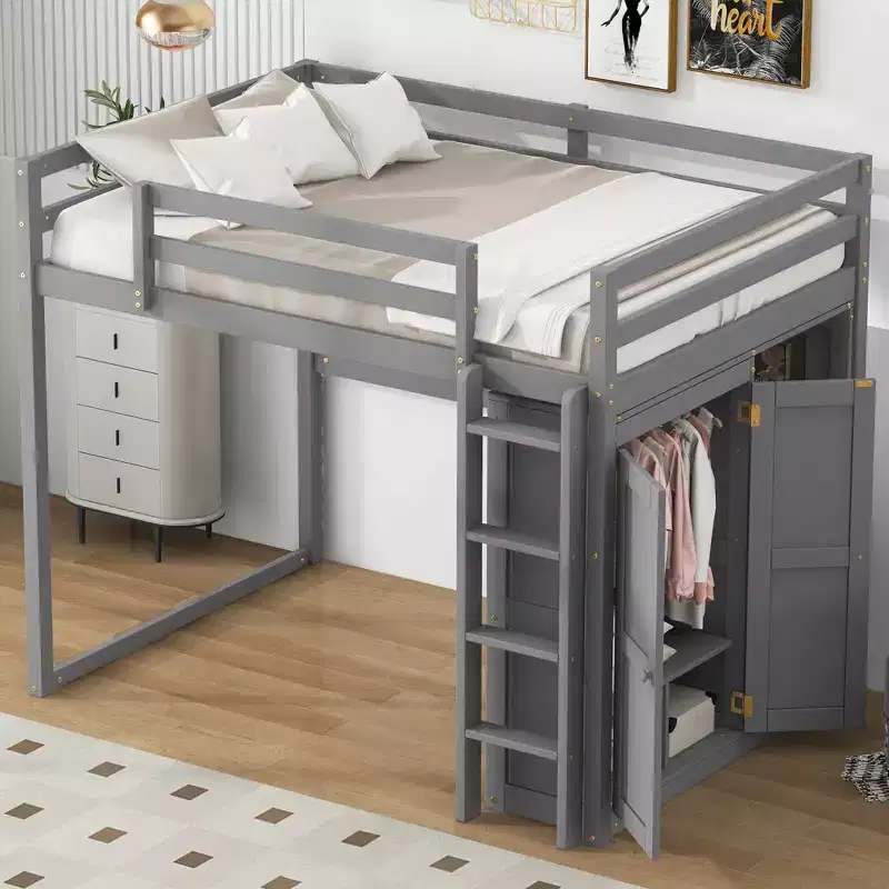 79.5''L 57.0''W Wood Full Size Loft Bed with Built-in Wardrobe, Storage Shelves and Led light