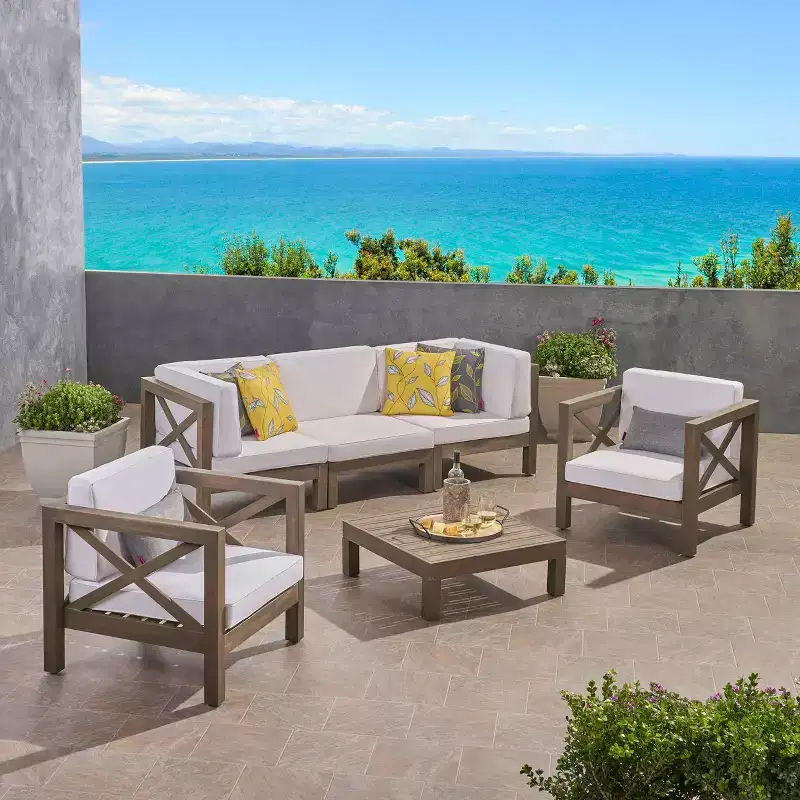 Christopher Knight Home Malcolm Outdoor 5 Seater Acacia Wood Sectional Sofa Set with Coffee Table and Cushions