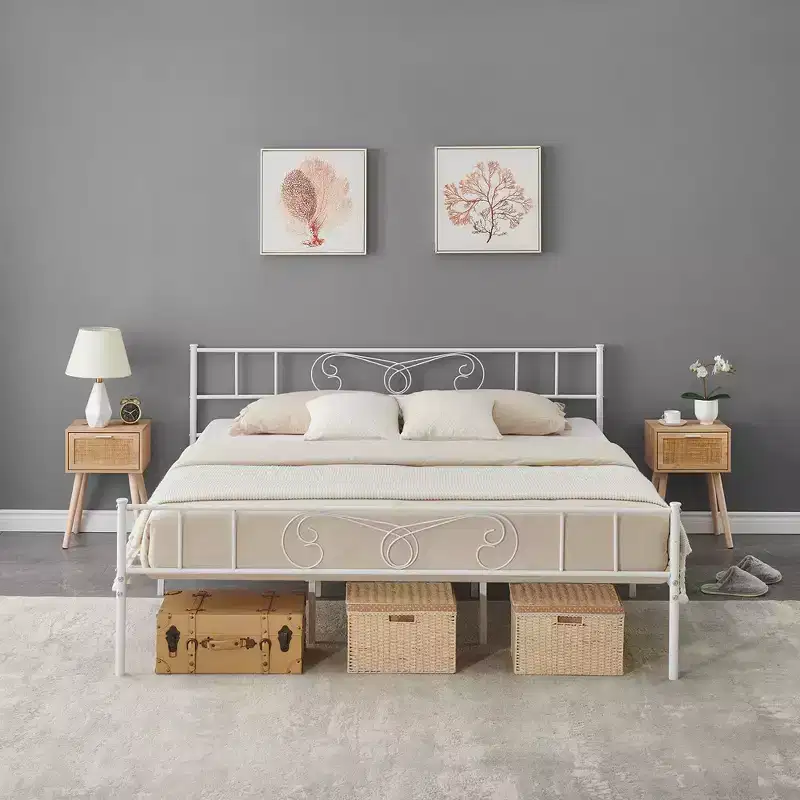 Garvee King Size Metal Platform Bed Frame with Headboard and Footboard, Steel Slat Support, Mattress Foundation, No Box Spring Needed, White
