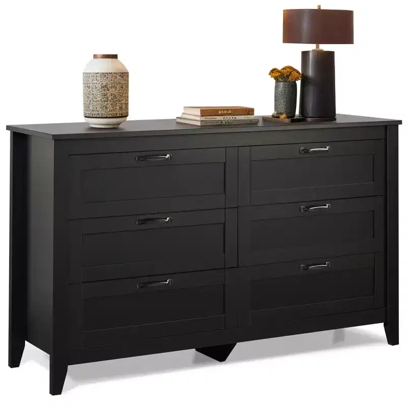 6-Drawer Dresser, Large Storage Cabinet for Bedroom, Living Room, Entryway, Retro Wood Chest of Drawers with Metal Handles & Anti-Tip Design, 54-Inch