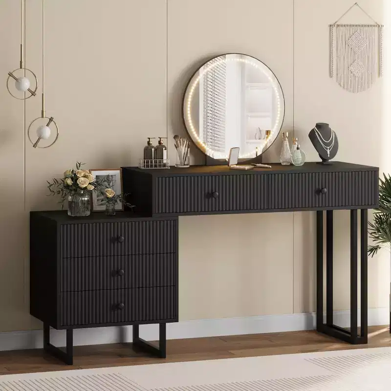 Vanity Desk with Mirror and Lights, 49.2H Makeup Vanity with 3 Color Lights and Adjustable Brightness