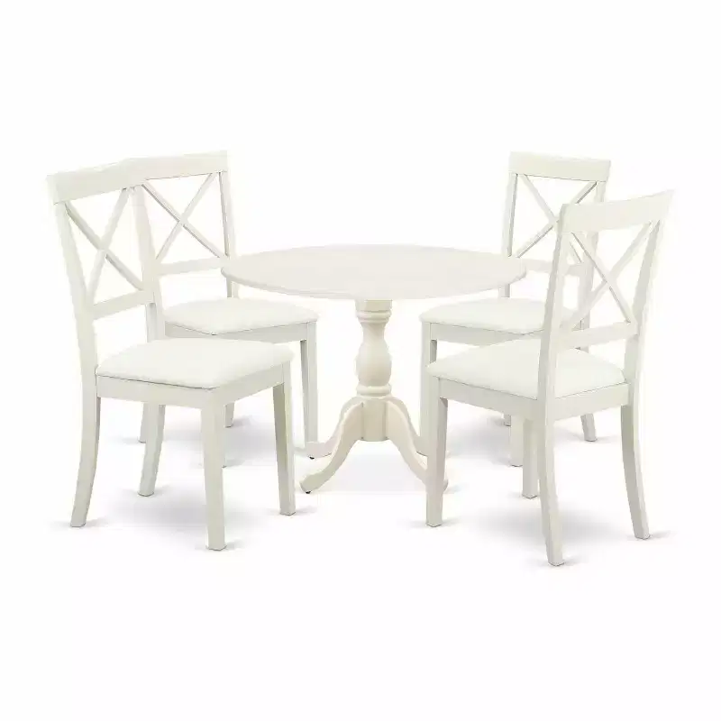 5-Piece Linen White Finish Dining Table with 4 Chairs with Drop Leaf Lattice Back