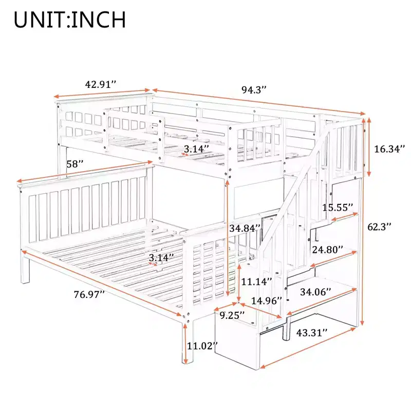 Stairway Twin over Full Size Bunk Bed with Storage and Guard Rail for Bedroom