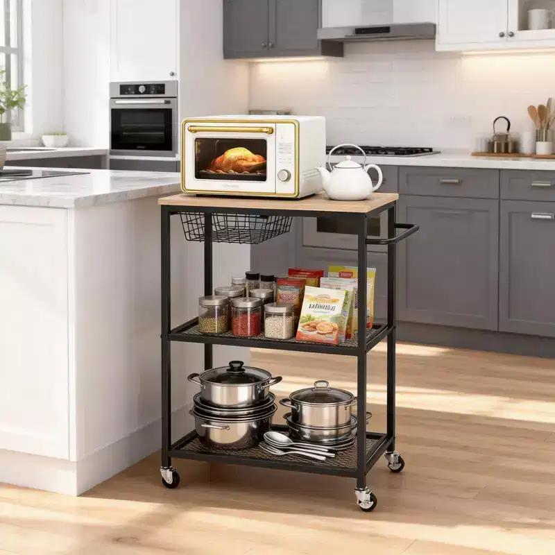 Kitchen Rolling Cart, Microwave Stand with Lockable Wheels 3-Tier Multifunctional Organizer Table Island with Storage for Office Coffee Bar Black