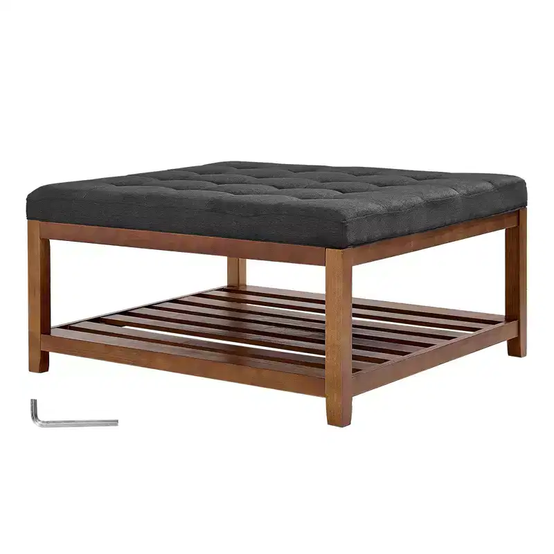 Large Square Ottoman Coffee Table, 34.5 Inch Tufted Coffee Table with Solid Wood Shelf Storage, Linen Upholstered, 400 LBS, Dark Gray