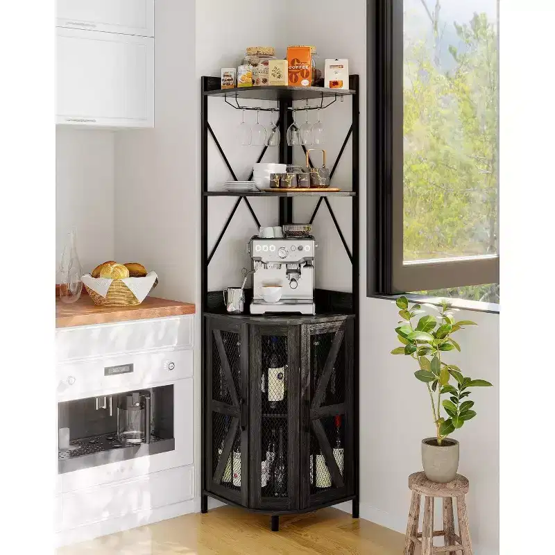 4-Tier Foldable Corner Wine Rack Cabinet, MDF & Metal Wine Storage Cabinet for, Compact Freestanding Wine Organizer