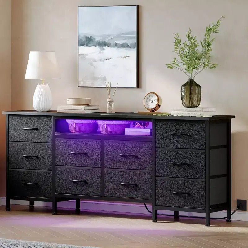 63-Inch Dresser with 10 Fabric Drawers, Power Outlet, LED Light and TV Stand for 65–75 Inch TVs