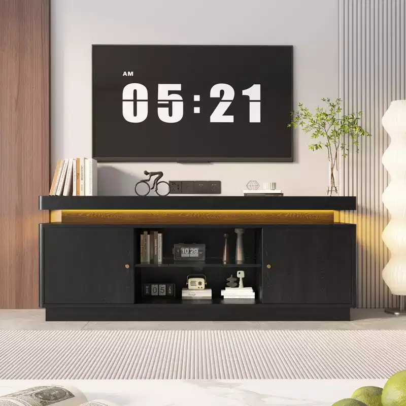 Modern TV Stand for TVs up to 65 in, 63 in Wooden Entertainment Center with Storage Cabinets, 57x15x20.5 in