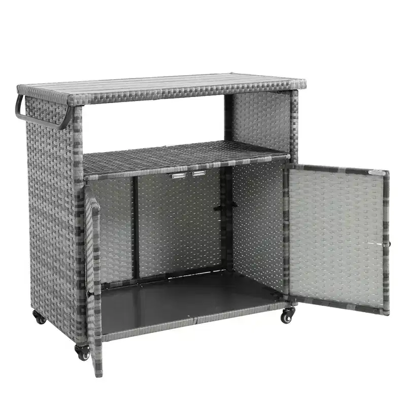 Bar Serving Cart Outdoor Wicker Wine and Beverage Counter with Glass Top for Patio, Gray, 35.2