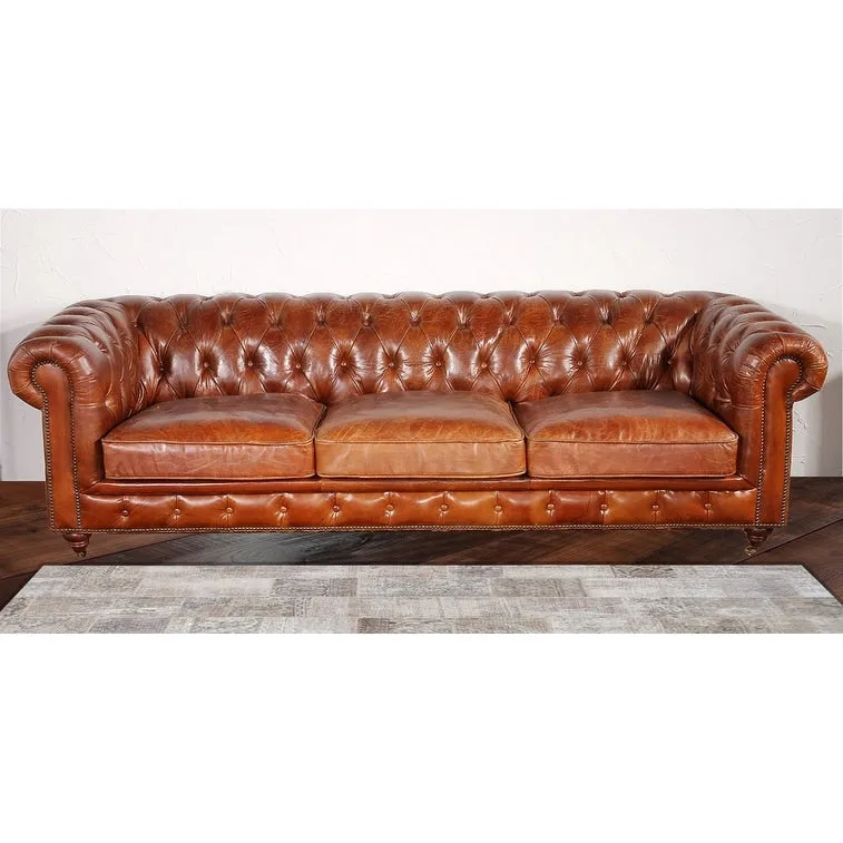 Pasargad Home Paris Club Chesterfield Tufted Sofa, Brown - 28.7 H x 97.2 W x 39 D