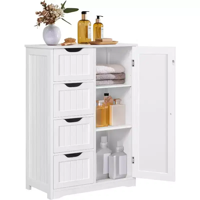 White 4-Drawer 1-Cupboard Wooden Floor Cabinet, Freestanding Entryway Console Table Bathroom Storage Organizer