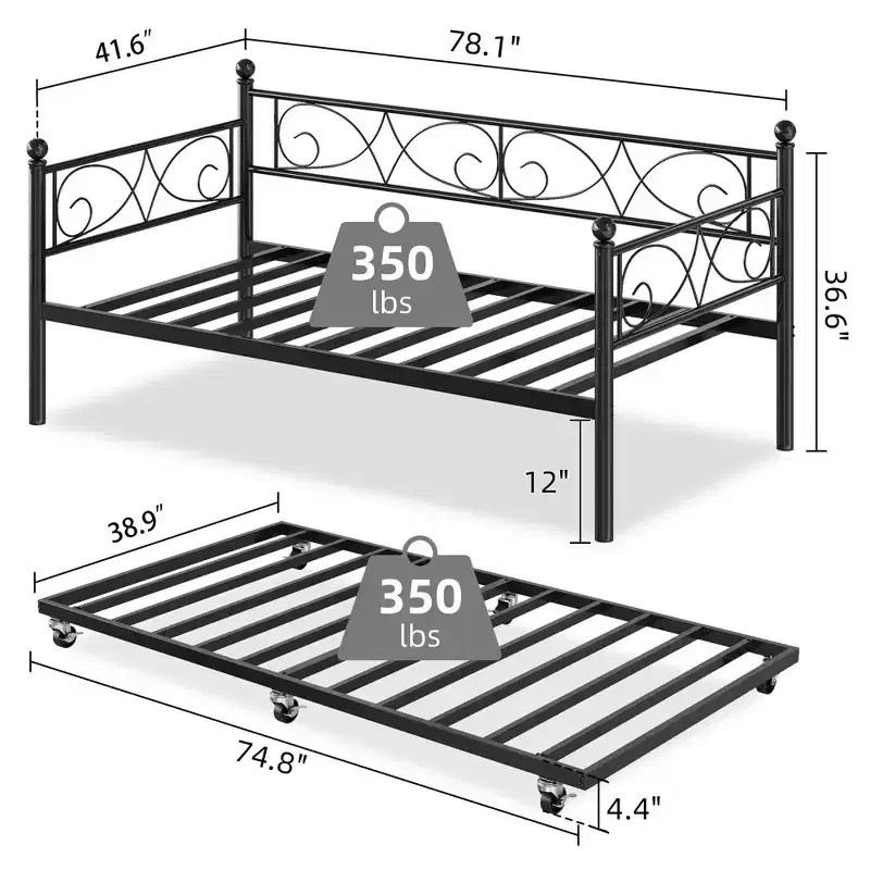 Acekool Twin Daybed with Trundle Bed Frame, Floral Iron Headboard, Heavy Duty Steel Slats, Sofa Bed with Pull-Out Trundle for Living Room, Black