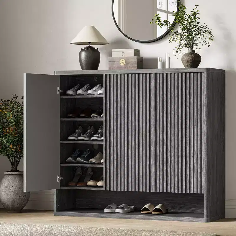 46 Inch Wooden Shoe Cabinet with Fluted Door - Adjustable Storage Holds 30-35 Pairs for Entryway & Living Room