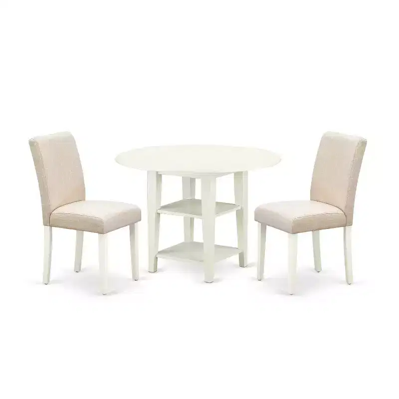 Round Dining Table Set 3pc 20/42 Inch Table w/ 2 Linen Chairs - Beige Fabric