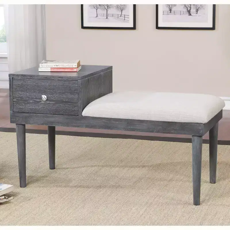 HOMES: Inside + Out Luce Mid Century Modern Storage Bench Weathered Gray: Upholstered, Padded Seat, Wood Legs