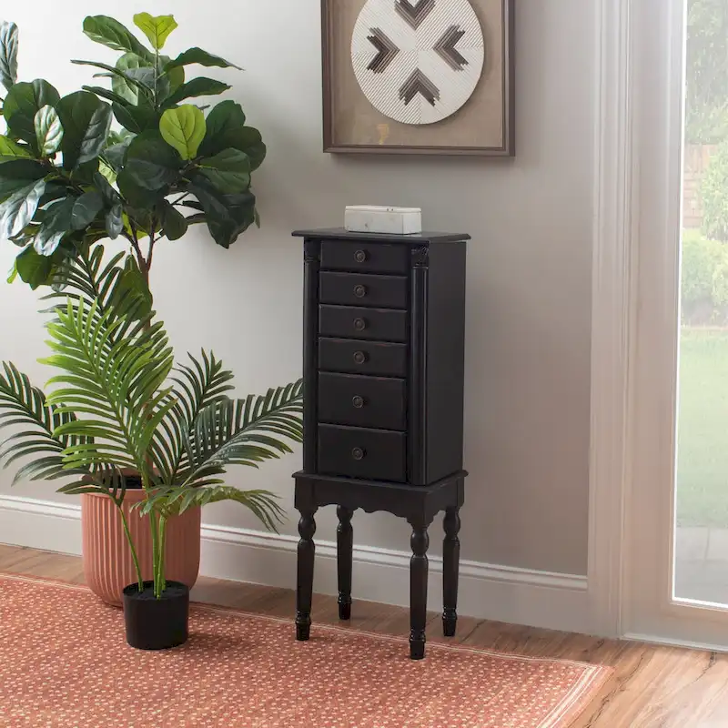 5-Drawer Wooden Jewelry Armoire with Flip Top - 37 - Black