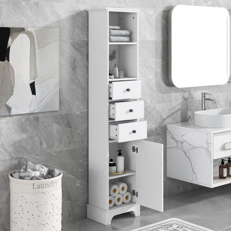 White Tall Storage Cabinet, Wood Finish, 2 Drawers & 1 Door