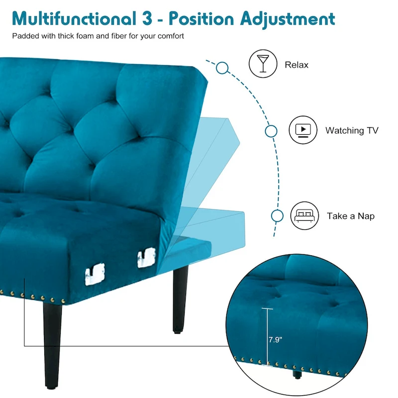 Convertible Velvet Sofa Couch, Sectional Sofa with Ottoman, Mid-Century Futon Sofa Bed - 32D x 100.7W x 29.9H