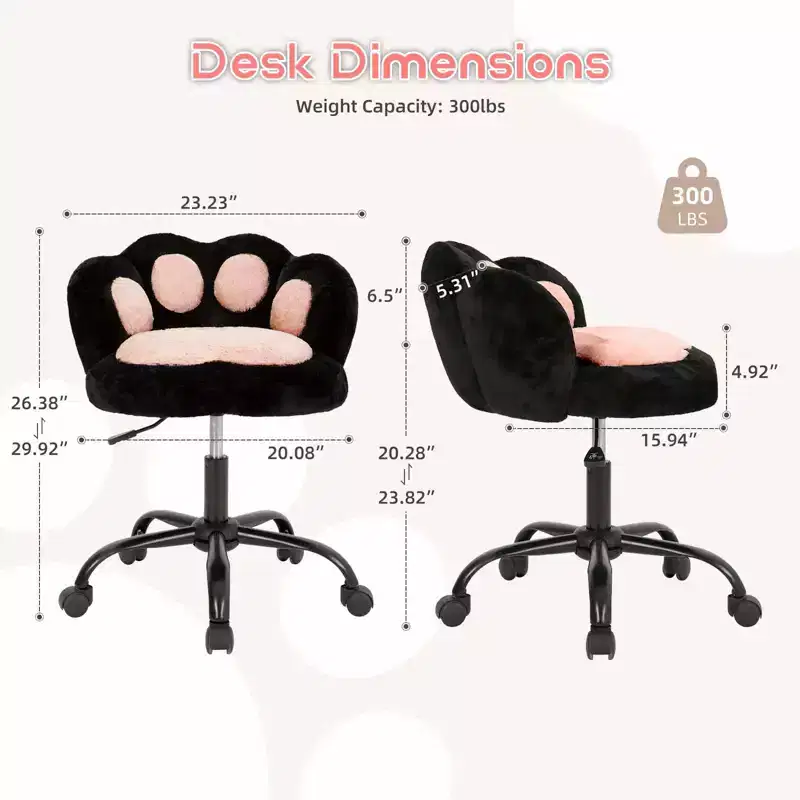 Teddy Fleece Vanity Chair Cat Paw Backrest 360 Swivel Height Adjustable 300LBS Support Tool-Free Assembly for Home Office Bedroom