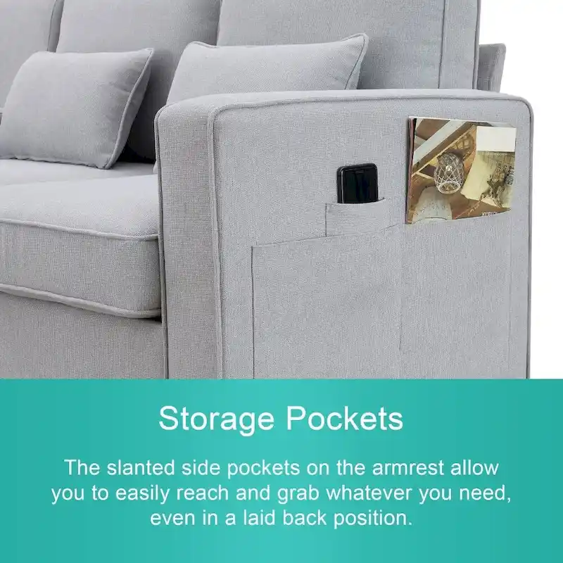 104 4-Seater Modern Linen Fabric Sofa with Armrest Pockets and 4 Pillows