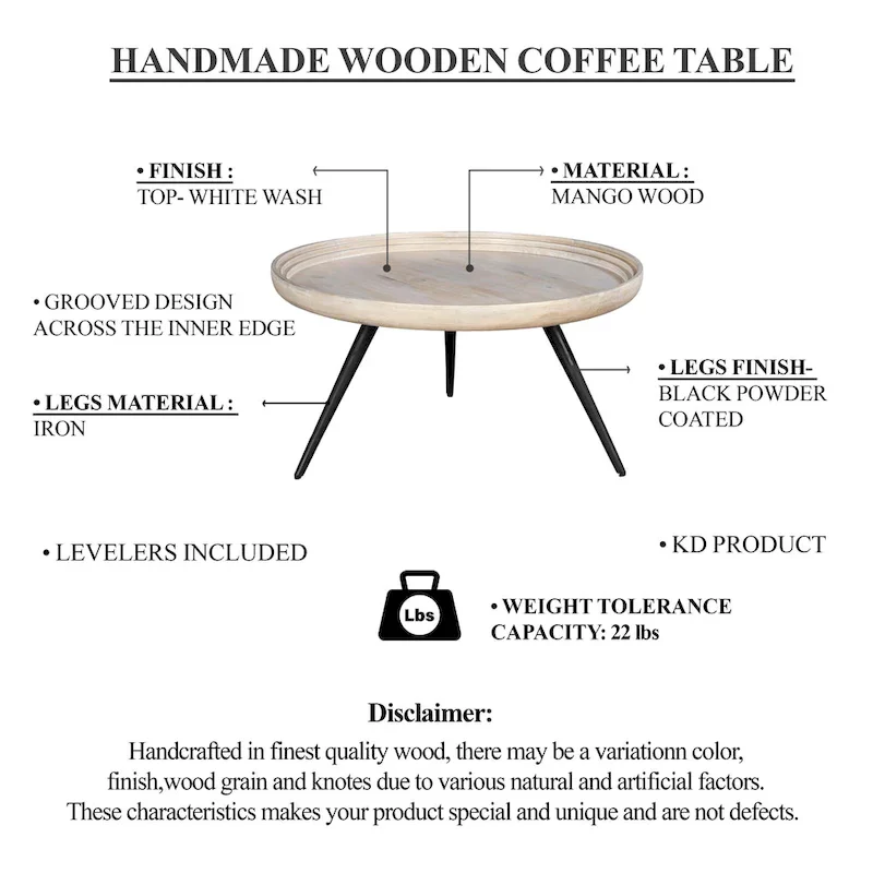 30-Inch Round Tray Top Coffee Table, Handcrafted Mango Wood, Washed White
