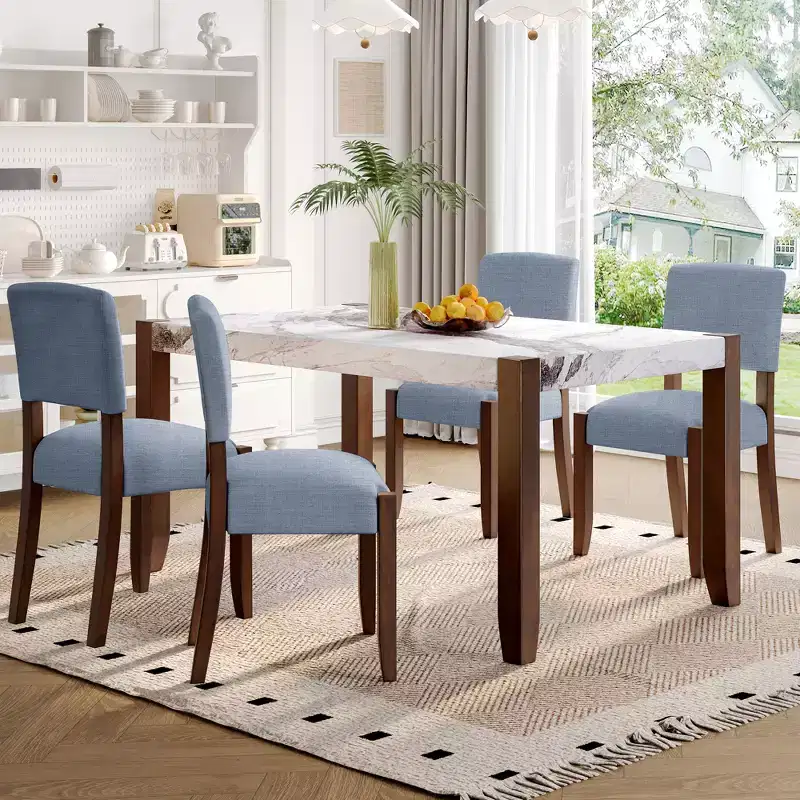 5-Piece Dining Table Set with 46-Inch Faux Marble Table and 4 Upholstered Chairs, Rubberwood Legs, for Dinette