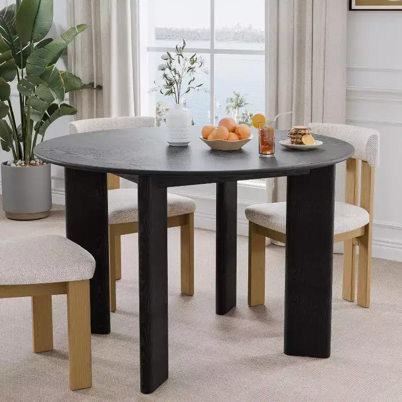 45 Black Solid Wood Farmhouse Dining Table Round Wood Top for Modern Dining Rooms & Family Gatherings