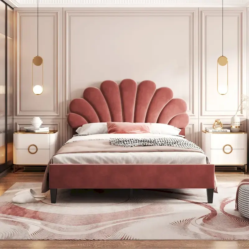 Velvet Upholstered Platform Bed with Flower Pattern Headboard